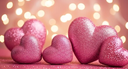 Pink Heart Shaped Ornaments with Bokeh Lights.