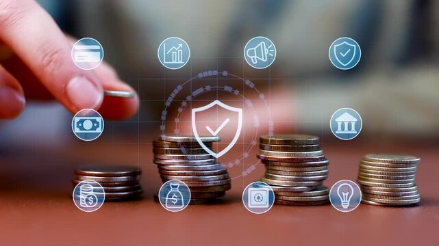 Exploring financial security through digital icons and stacked coins at a desk.