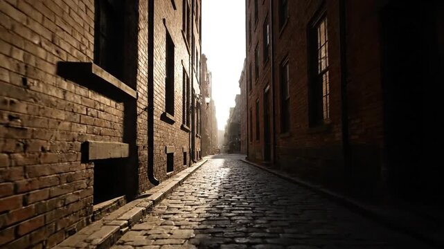 Narrow cobblestone alleyway with sunlight at end.