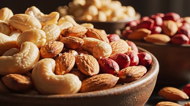 Premium Mixed Nuts Close-up: Roasted Almonds, Cashews, and Peanuts with Sea Salt - Healthy Gourmet Organic Snack Selection