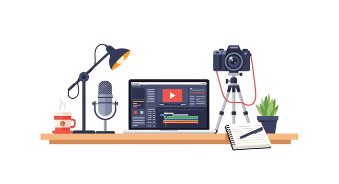 A modern podcasting and video editing workspace setup with equipment
