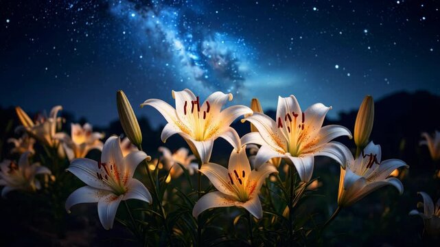Luminous white lilies bloom under a dazzling starry night sky and ethereal galaxy