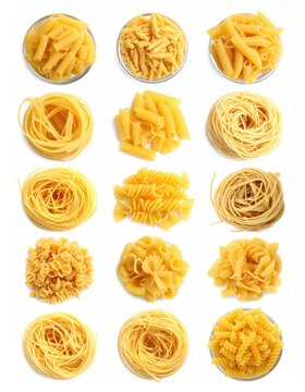  Set of different pasta types on white background, top view 