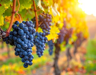 Fototapeta premium A lush vineyard scene with purple grapes hanging from vines