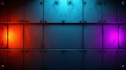 Stylized sci-fi industrial metal wall texture featuring riveted panels illuminated by vibrant neon red and purple gradient lighting, designed for hand-painted environments.