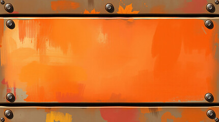 Stylized Industrial Metal Plate with Warm Orange Brushstrokes, Hand-Painted Art Texture Background with Riveted Frame and Grunge Detail
