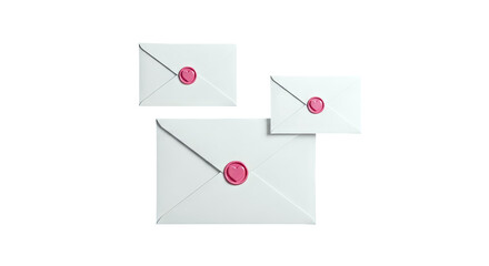Three white envelopes with pink heart wax seals on a white background
