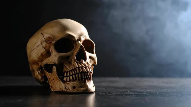 Macabre human skull rests on a dark textured surface with atmospheric smoke in background