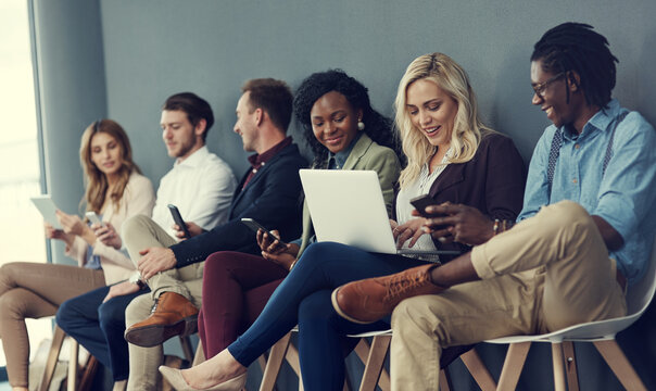 Recruitment, office and queue of people with tech, application and paperless interview. Hiring, waiting room and candidate group for human resources, job opportunity or row for work onboarding