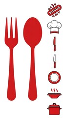 Red Kitchen Utensils and Cooking Icons Set.