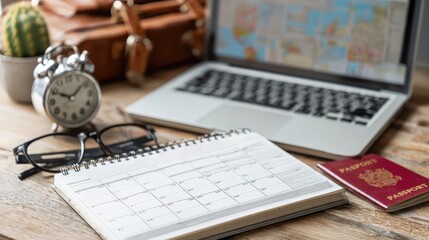 Fototapeta premium Planning a Journey: Travel Essentials Including Calendar, Clock, Laptop, Glasses, Passport, and Luggage Ready for Adventure and Exploration