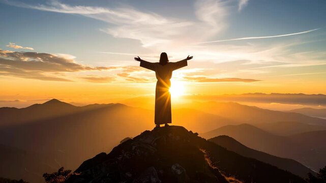 Silhouette of a person in robes with outstretched arms on a mountain peak at sunset