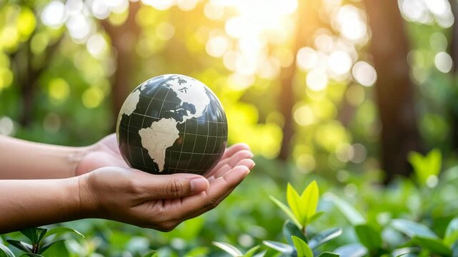 Hands holding a globe in a lush green forest with sunlight filtering through leaves