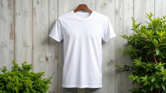 Plain white crew neck t-shirt hanging on a wooden hanger with green foliage background