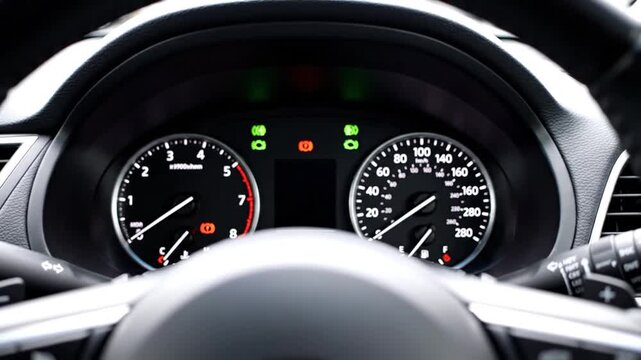 A car dashboard displays the speedometer, tachometer, and various indicator lights within