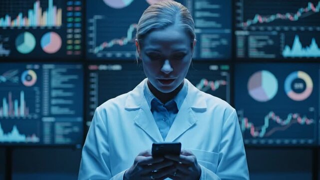 Scientist analyzes data on phone.