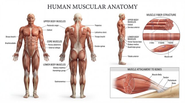 Detailed Illustration of Human Muscular Anatomy with Labels for Various Muscle Groups and Structures
