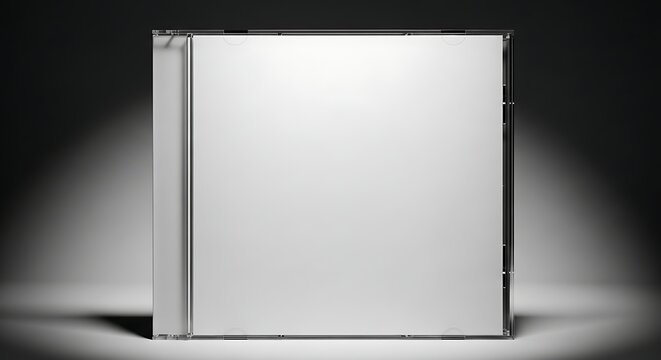 Pristine blank CD jewel case mockup, straight view, high gloss studio shot.