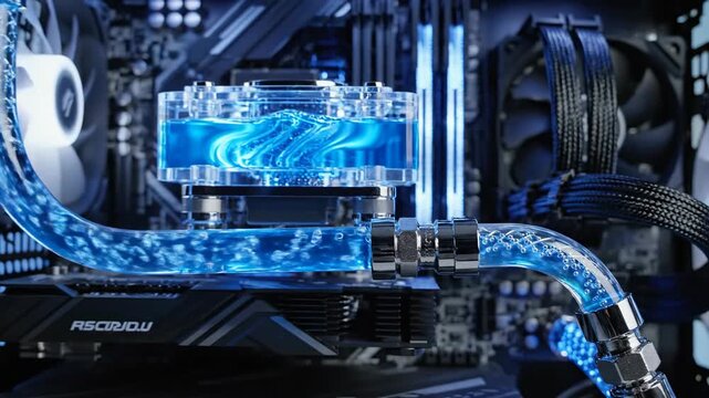 Computer's cooling system with flowing, bubbly blue liquid through clear tubes & reservoir