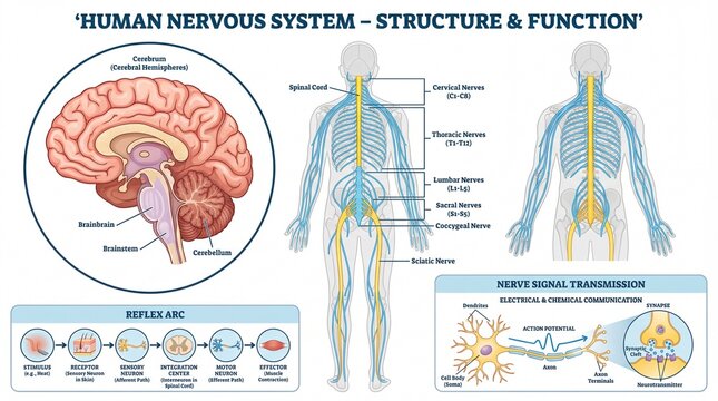 Detailed Illustration of the Human Nervous System with Structure and Function Overview