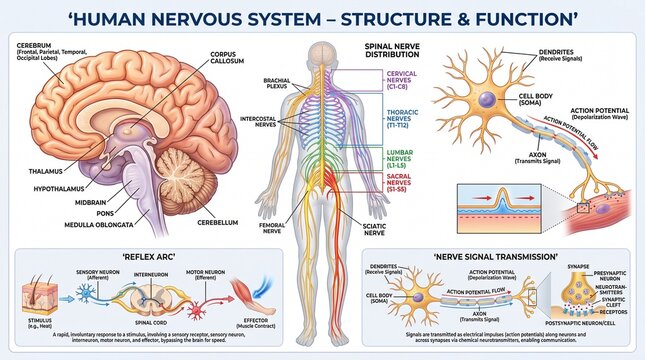 Detailed Educational Diagram of Human Nervous System Anatomy and Function for Learning Purposes