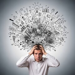 Man overwhelmed by chaotic thoughts and emotions