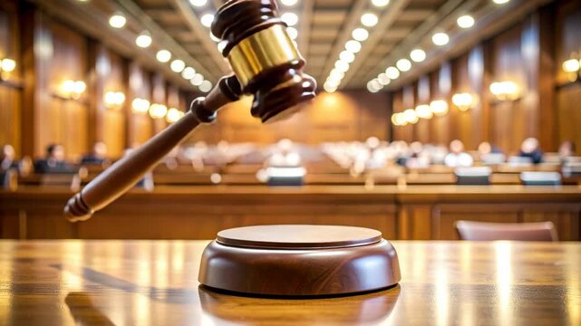 Gavel striking a sounding block in a courtroom with blurred spectators in the background