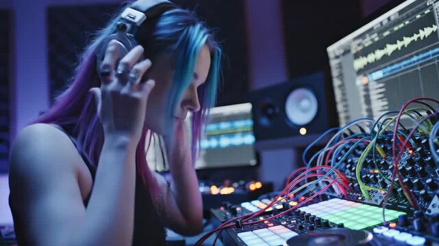 Person with dyed hair adjusts cables on sound mixing equipment in a studio with a monitor displaying audio waveforms