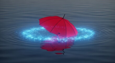 Red Umbrella Floating on Dark Water Surface.