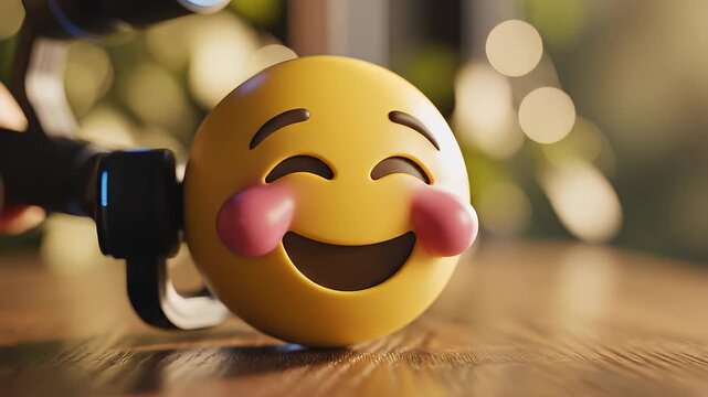 Playful emoji with small camera on wooden table video scene.