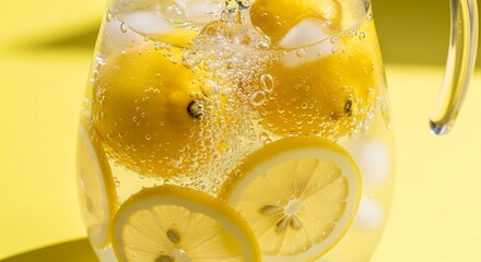 Refreshing Lemonade Pitcher with Sliced Lemons and Ice.