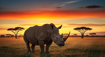 Fototapeta premium Rhinoceros standing in savannah at sunset.