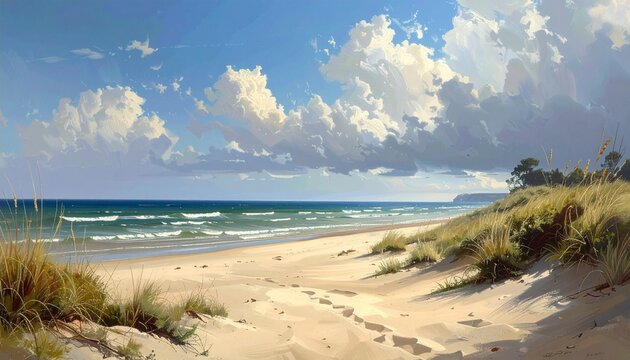 Empty sandy beach with gentle waves under blue sky and fluffy clouds summer vacation