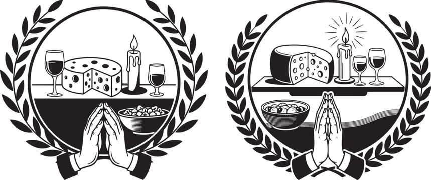 Praying hands with cheese, wine, and bread setting in a laurel wreath frame, black and white