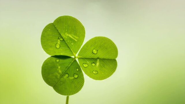 Green four-leaf clover with water droplets on soft background  