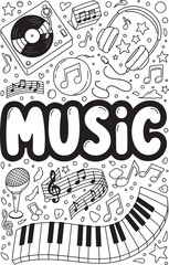 Fun hand-drawn doodle illustration of music-themed elements and the word MUSIC