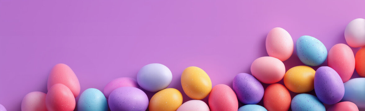 Magenta pink banner with colourful easter eggs, copy space