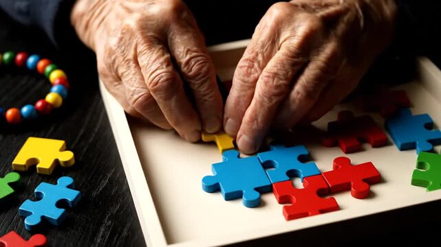Seniors hands doing puzzle.