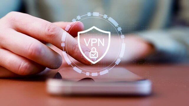 Person using smartphone to access VPN service for secure internet browsing in office setting during daytime hours.