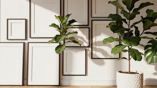 Frames adorn a sunlit wall, juxtaposed with potted greenery on wood floor, fostering a serene indoor ambiance