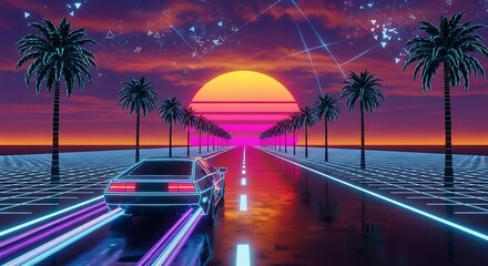 Retro Futuristic Car Driving on Neon Highway.