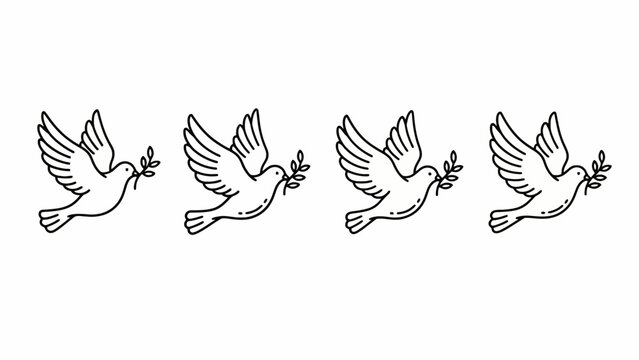 Four doves flying in unison, carrying olive branches, vector illustration on a simple background, viewed from the side, image (582).ai as reference