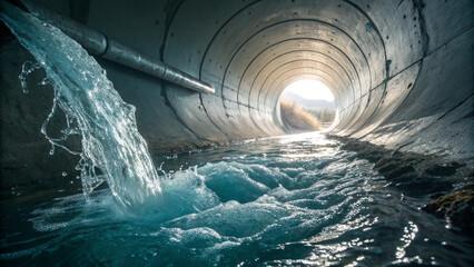 Fototapeta premium Water flowing from a pipe into a concrete tunnel with light at the end showing the way out