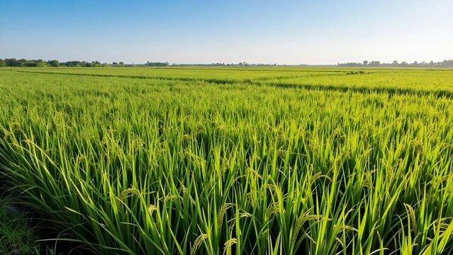 "Lush Green Rice Field Under Clear Blue Sky in Summer"