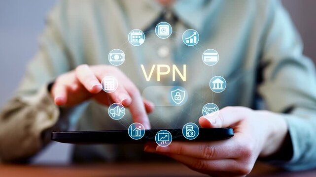User interacts with tablet displaying virtual private network features and options for online security and privacy.