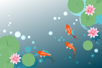 Two orange koi fish swim among pink lotus flowers and lily pads