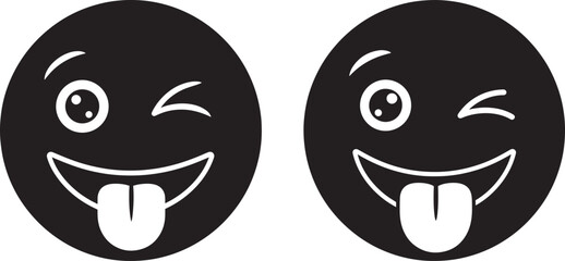 Naklejka premium Two black silly smiley faces with tongues sticking out and winking eyes