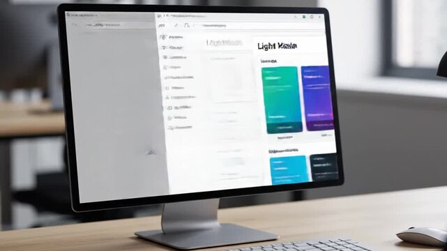 A computer monitor displays a light mode selection interface with colorful card options. A sheet