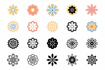 Collection of colorful and monochrome floral design icons in a grid layout © Indira