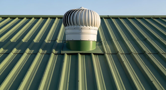 A green corrugated metal roof with a striped ventilator on top is viewed from below against a clear blue sky backdrop perfectly